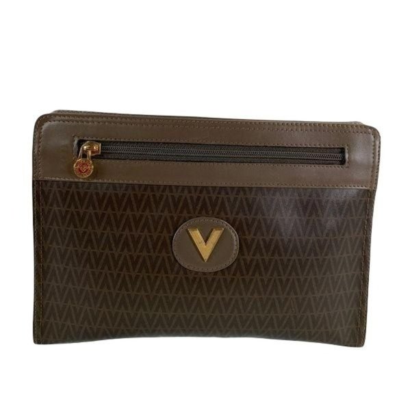 Authentic Mario Valentino Clutch Bag Pouch Cometic Brown PVC Used Handbag Vin - Picture 2 of 11